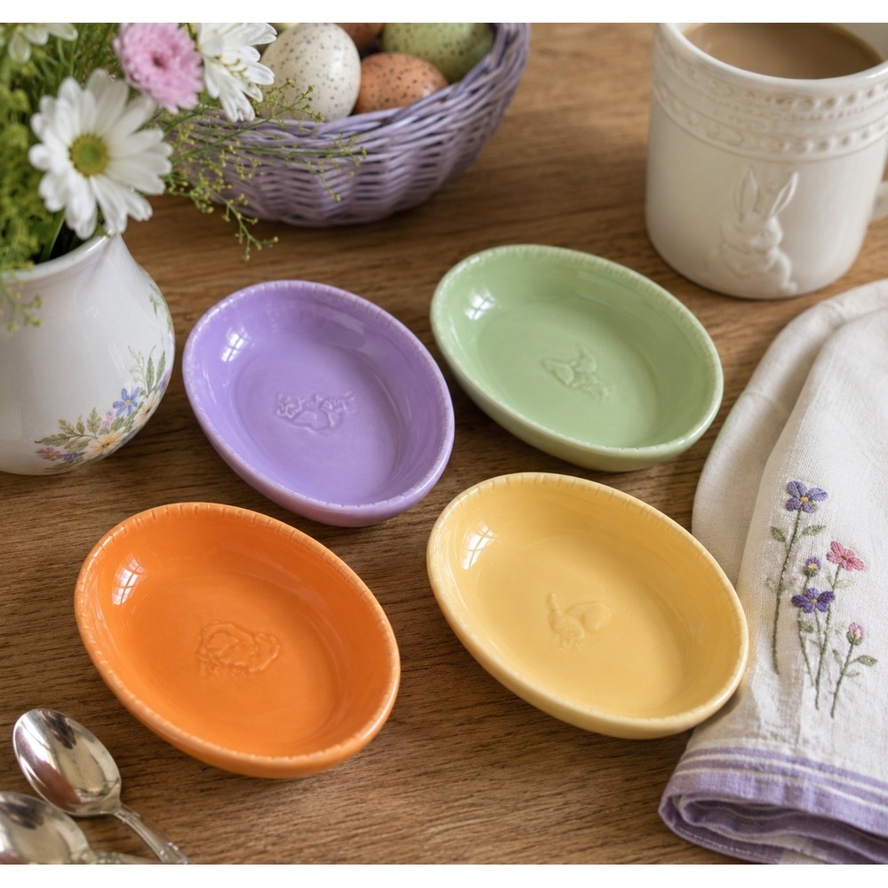 Vtg Williams Sonoma Set of 4 Easter Egg Ceramic Ramekins Pastel Baking Dishes
